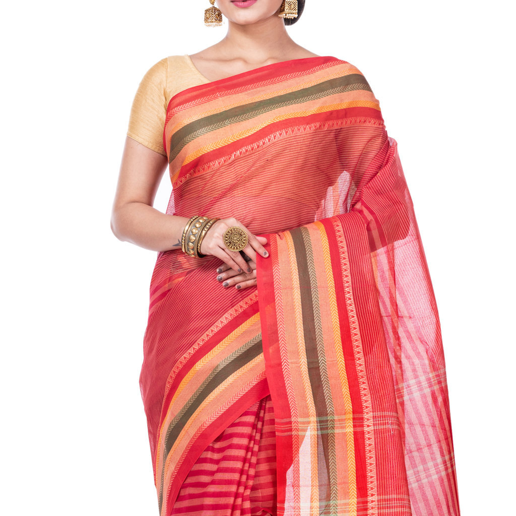 Red Pure Cotton Khajur_Churi_Strip Tant Saree (655)